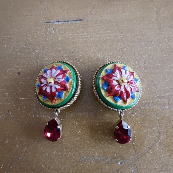 Dolce & Gabbana Red Green Yellow Green Flower Drop Dangle Clip On
